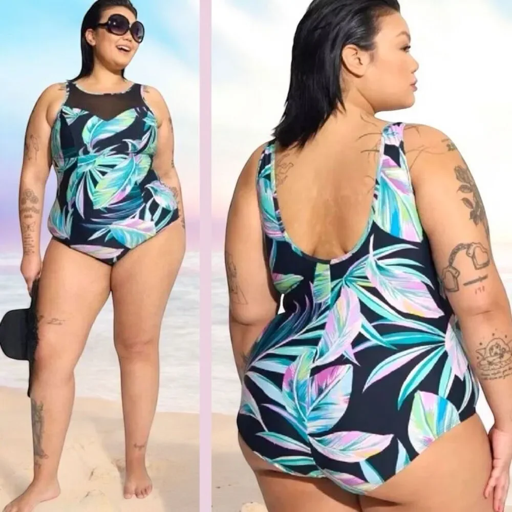 Torrid Tropical Floral Mesh Inset One Piece Swimsuit NWT - Picture 2 of 14